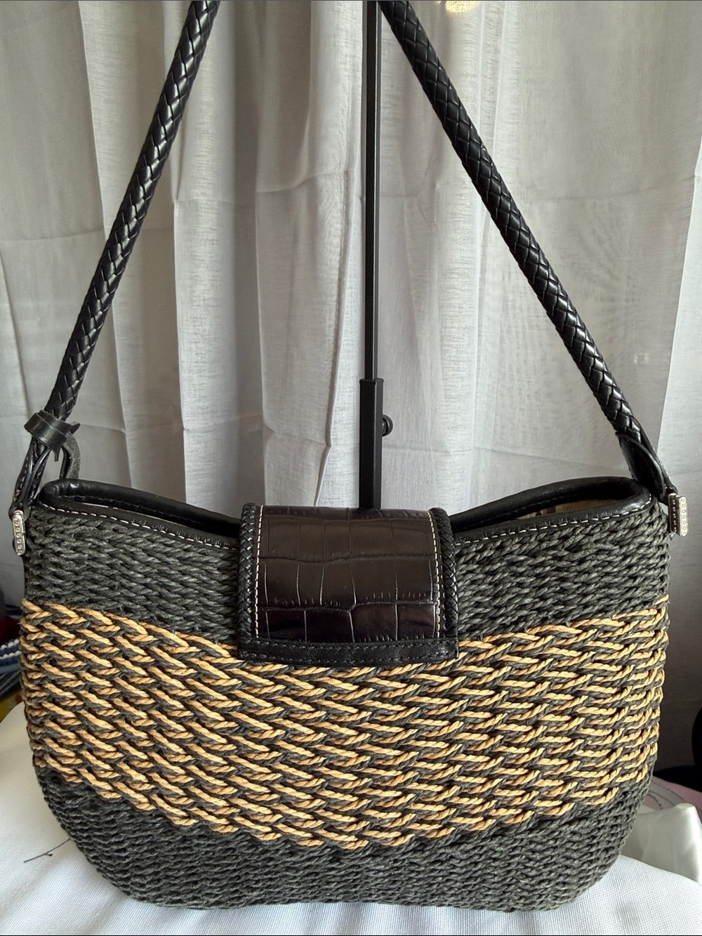 Brighton Black and Natural Braided Straw Shoulder Bag with Heart Charm - Picture 5 of 11